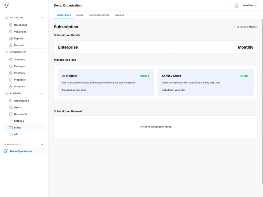 Subscription management interface showing Enterprise tier, monthly billing, and included add-ons like AI Insights