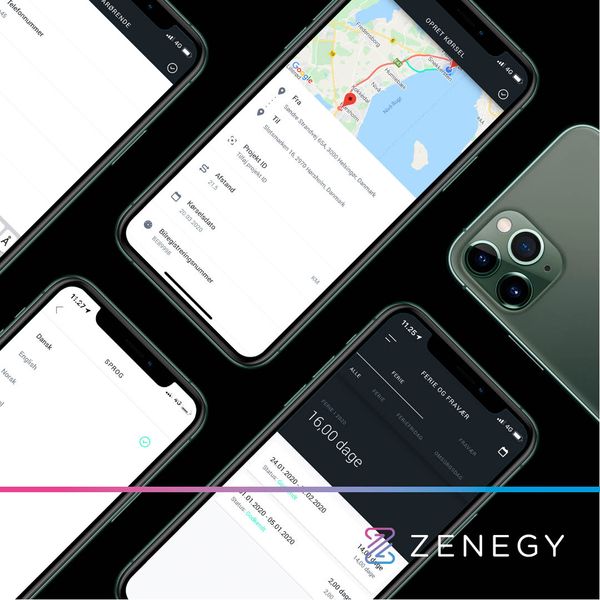 Social media advertising visuals displaying Zenegy app across multiple iPhone screens with maps, transactions, and dark interface design