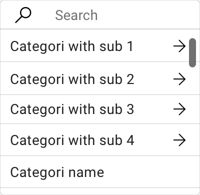 Interface design viser kategorinavigation med underkategorier og søgefunktion i en fintech-applikation