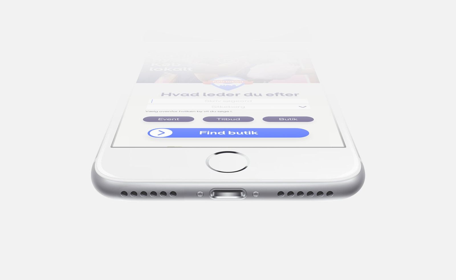 Interface design til køb lokalt-portal med kategorifiltrer og blå call-to-action knap på iPhone