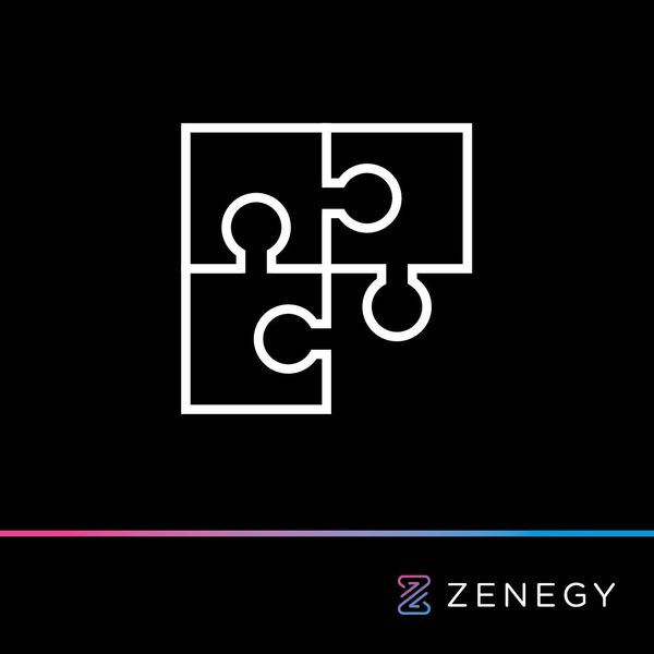 Visual identity: Puzzle icon for Zenegy's social media ad campaign featuring white logo on dark background