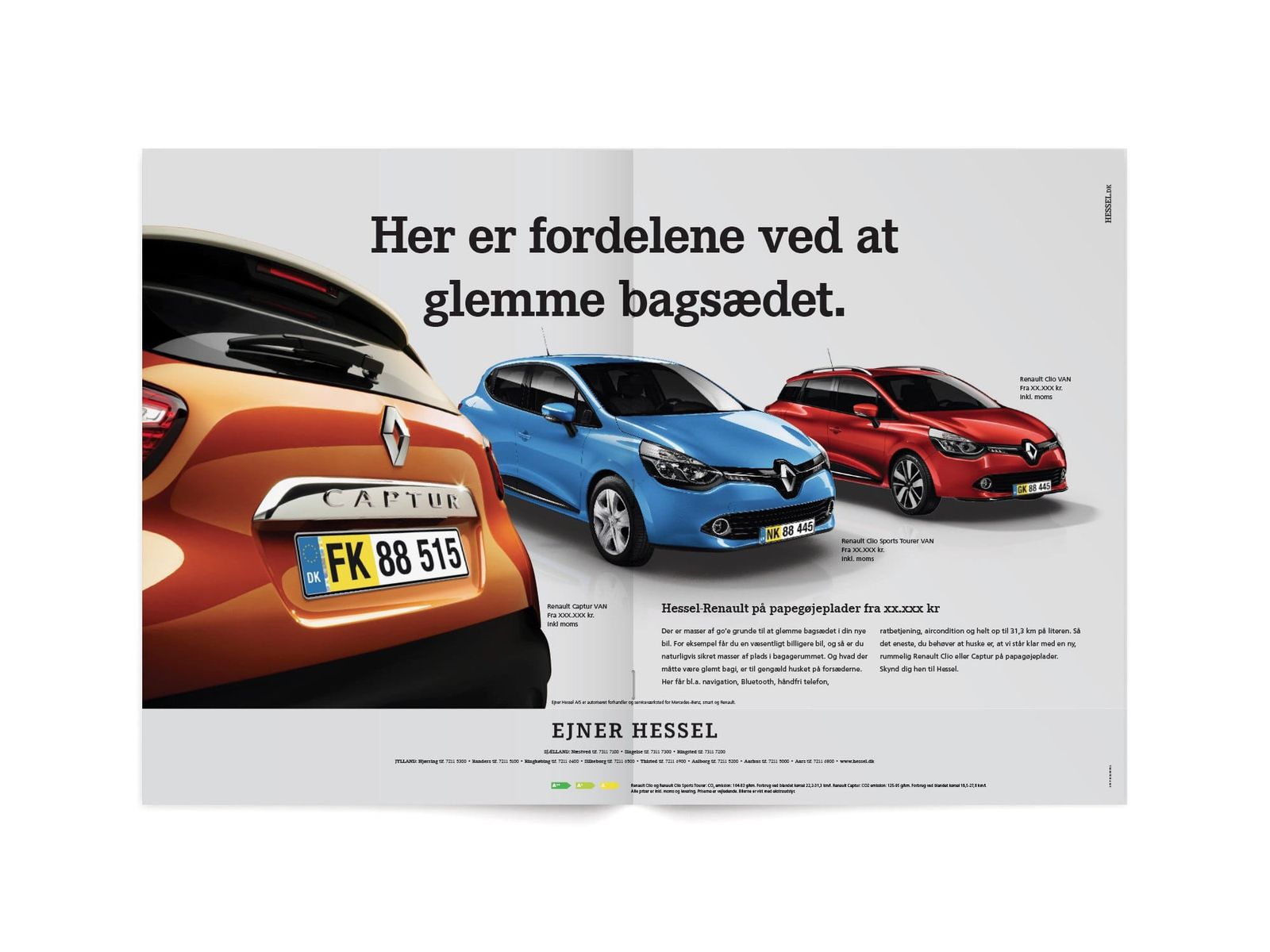 Printannonce med kreativ retning for Renault-kampagne viser tre biler i orange, blå og rød med hovedlinie "Her er fordelene ved at glemme bagsædet"