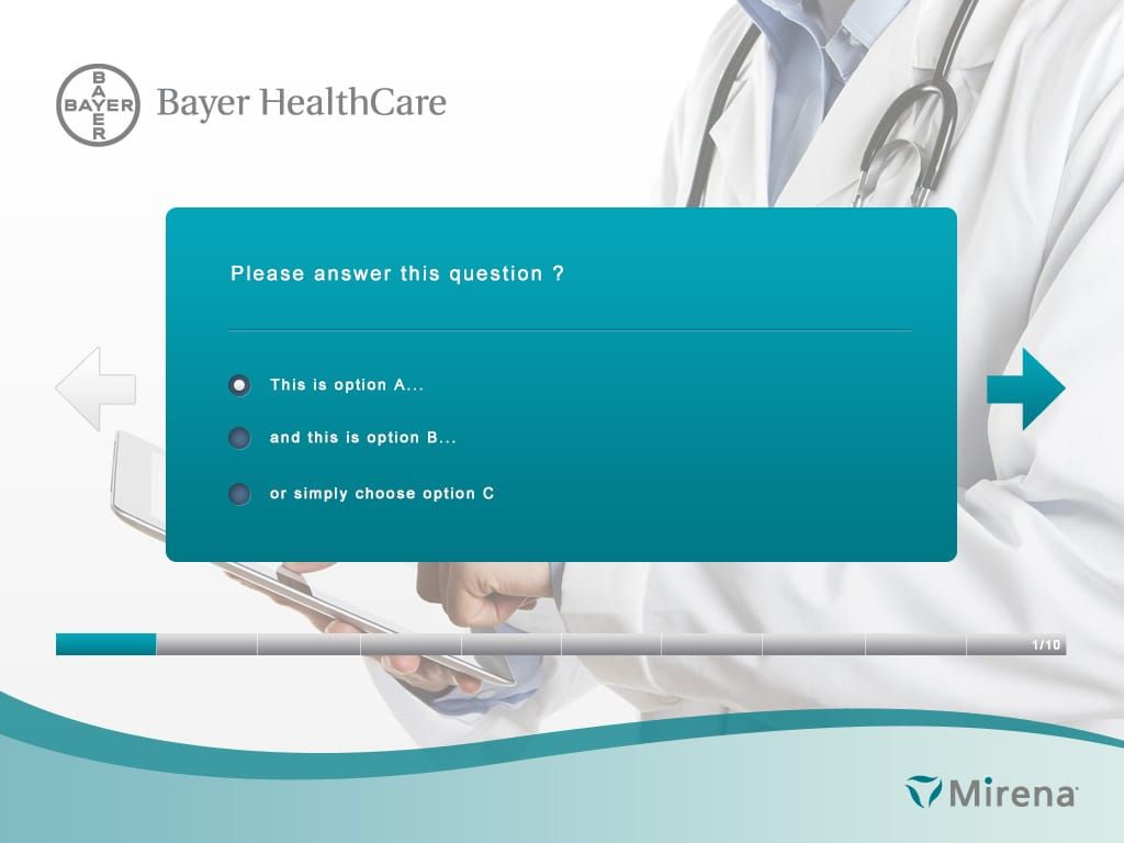 Survey interface design showing multiple choice question from Bayer HealthCare's global eDetailer platform for healthcare professionals