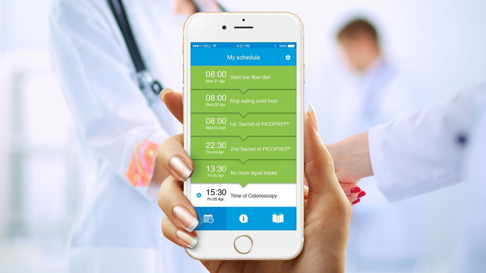 Medicinplan-interface på iPhone viser behandlingsguide med tidspunkter for medicin og kostholdsanvisninger til colonoscopy-forberedelse