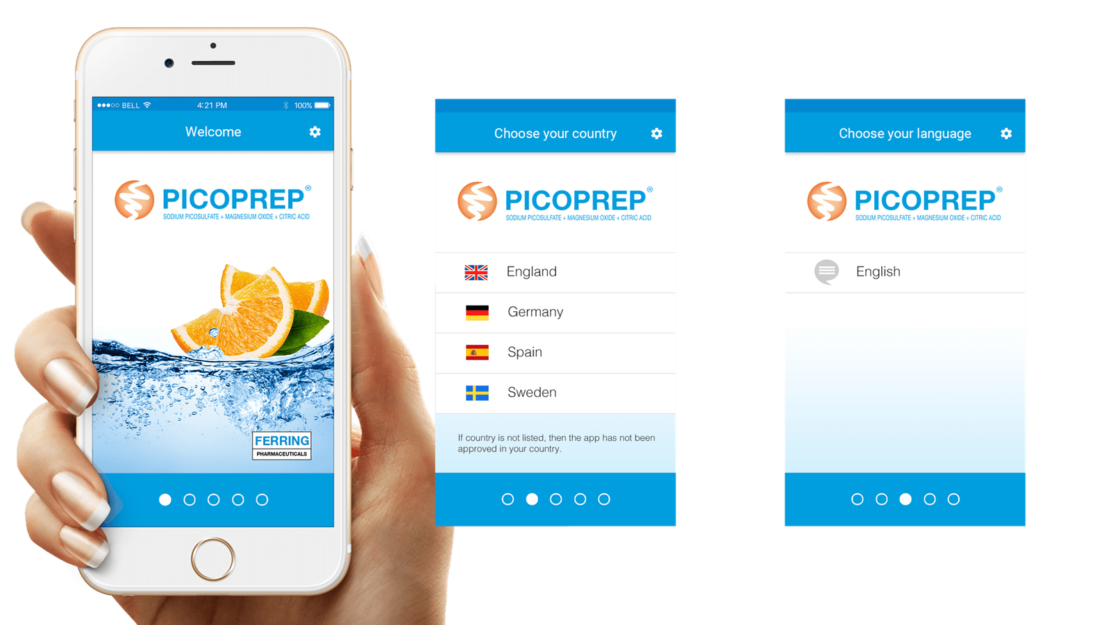 App-interface design til kolonoskopipreparering med produktbranding, landvælger og sprogindstillinger