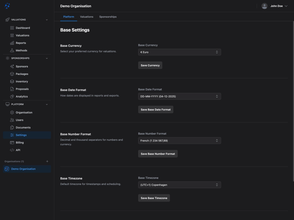 Platform settings — dark mode