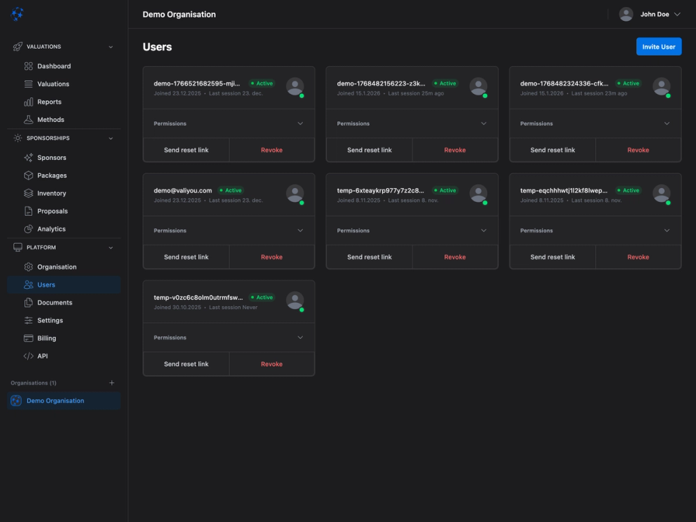 Application user management interface displaying active accounts with permission controls and administrative actions