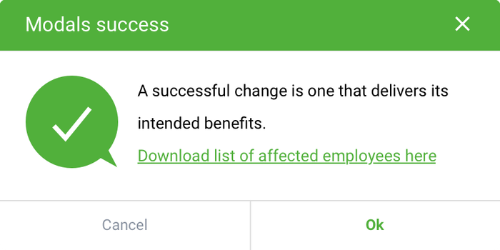Modal dialog with success confirmation displaying affected employees list for streamlined workflow validation