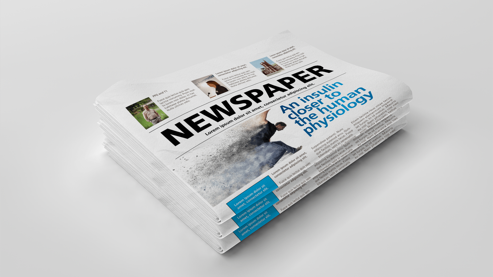 Print editorial tabloid design for insulin product launch with integrated web and SEO strategy