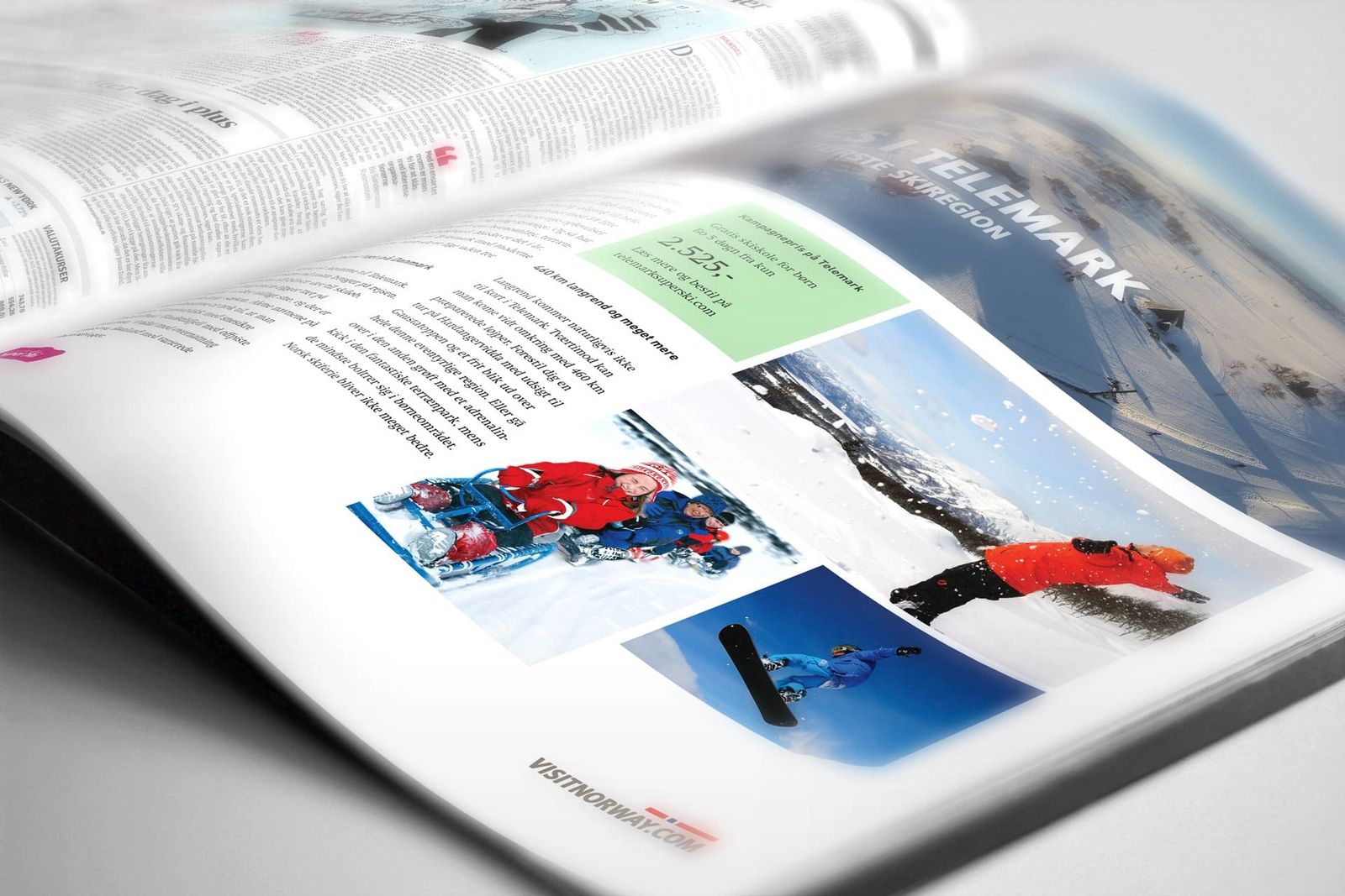 Redaktionel design med vinterkampagne til Norge – magasinopslag med actionfotografier og grønt highlight