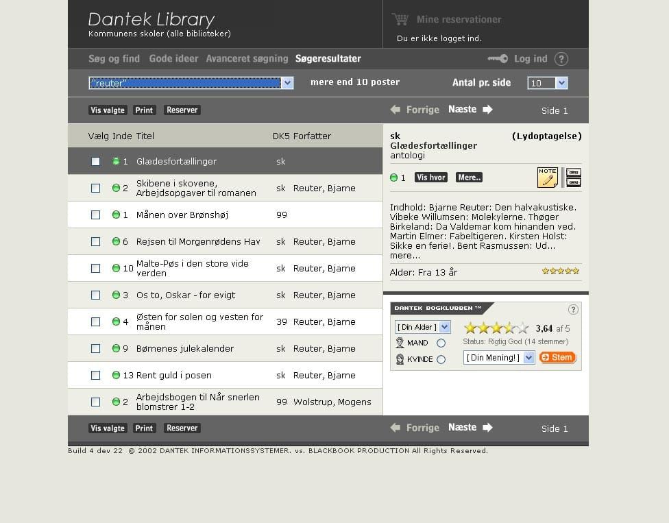 Library portal search results interface displaying book titles, authors, and reservation options in structured list view