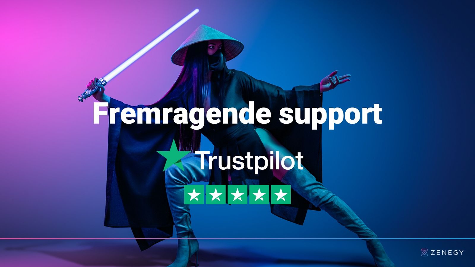 Presentation template featuring cyberpunk-inspired visual design, character illustration and 5-star Trustpilot rating
