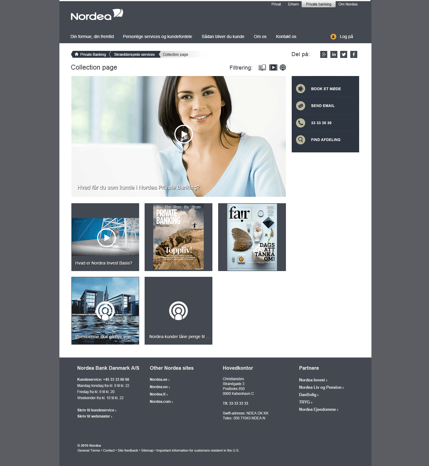 Webportal UI-design med testimonialsektion og podcast-afspiller til Nordeas Private Banking