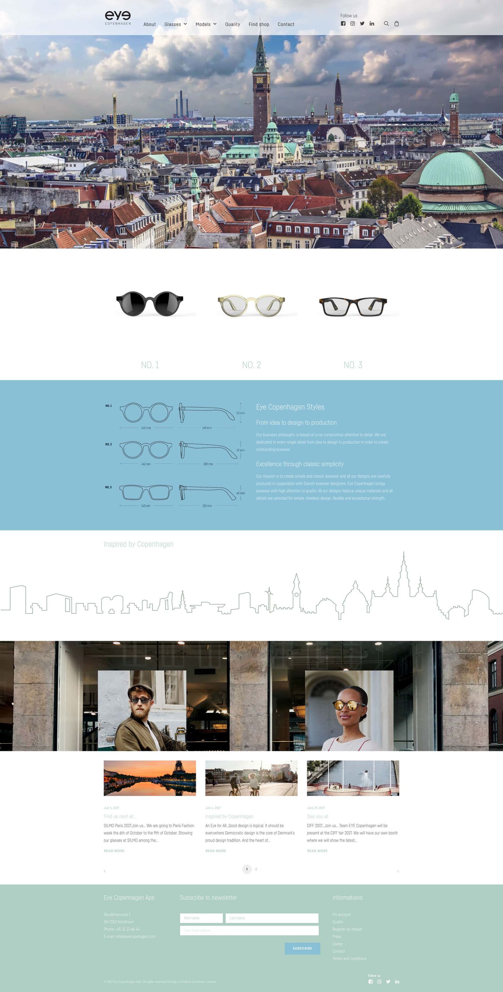Web design showcasing Copenhagen-inspired creative direction with city skyline illustration and product display