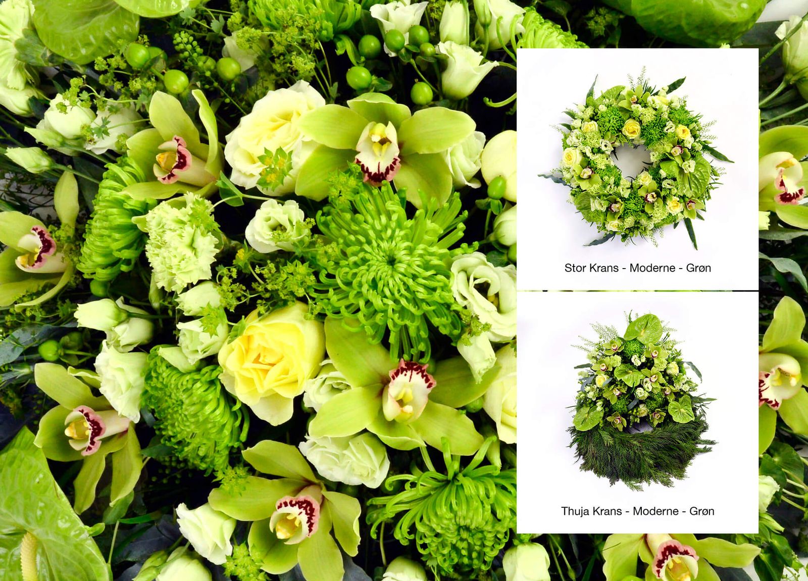 Product photography and layout showcasing green floral wreaths with orchids, chrysanthemums and yellow accents