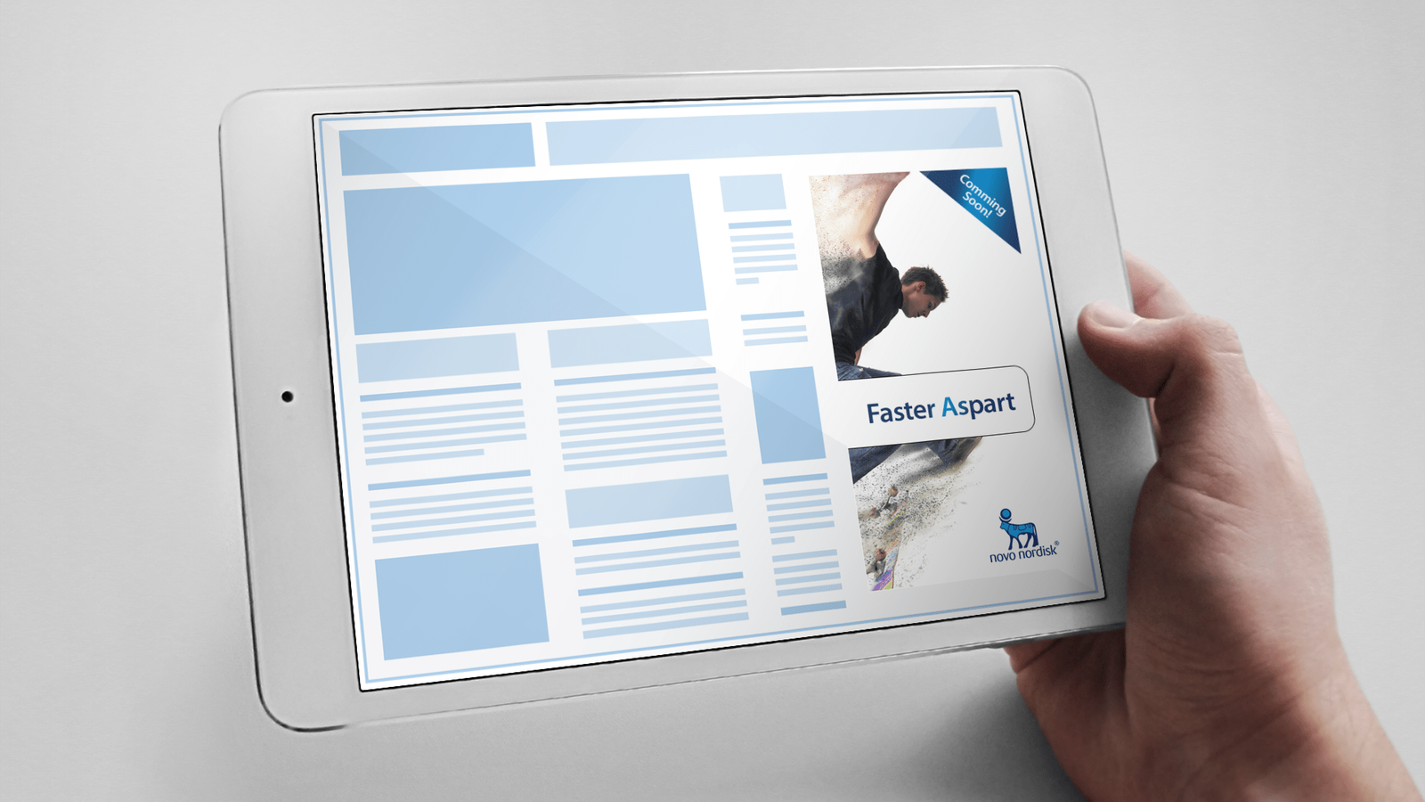 Web design mockup showing "Coming Soon" banner for faster-acting insulin product launch with integrated campaign concept