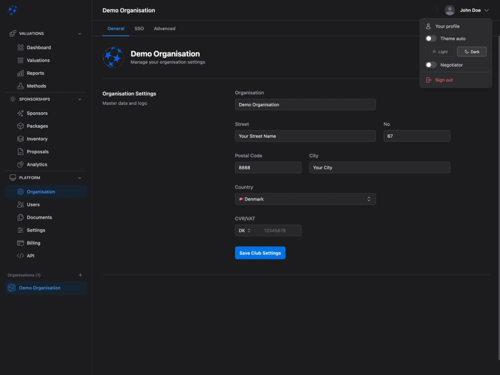 SaaS interface design: Organization settings form with address fields, postal code, city, country selector and VAT registration for club administration