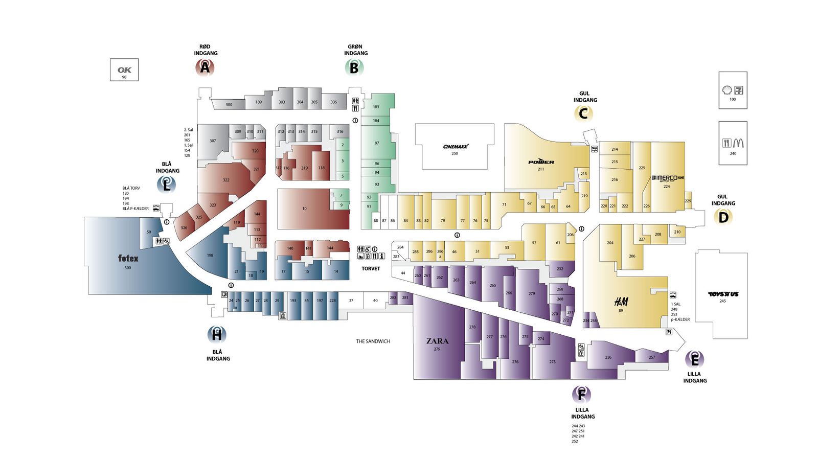 Interactive vector floor plan with color-coded retail stores and numbered units for shopping center navigation
