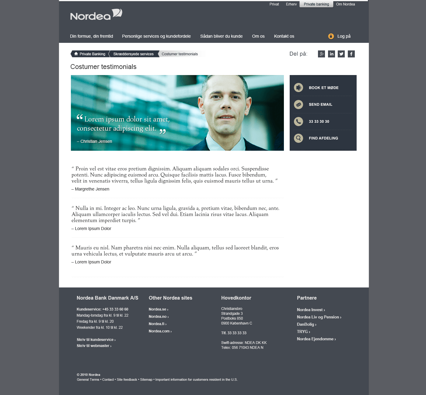 Testimonial-sektion med portrætfoto, citat og navn – UI design til privatbank-webportal med moderne layout