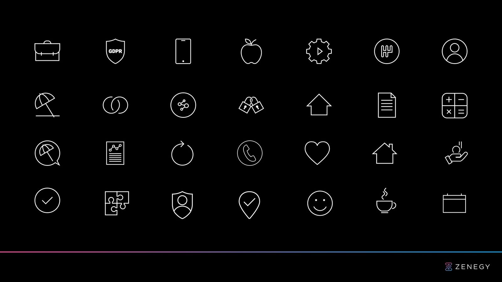 Dark theme icon set for Zenegy's PowerPoint template featuring 28 symbols designed for presentations and sales materials