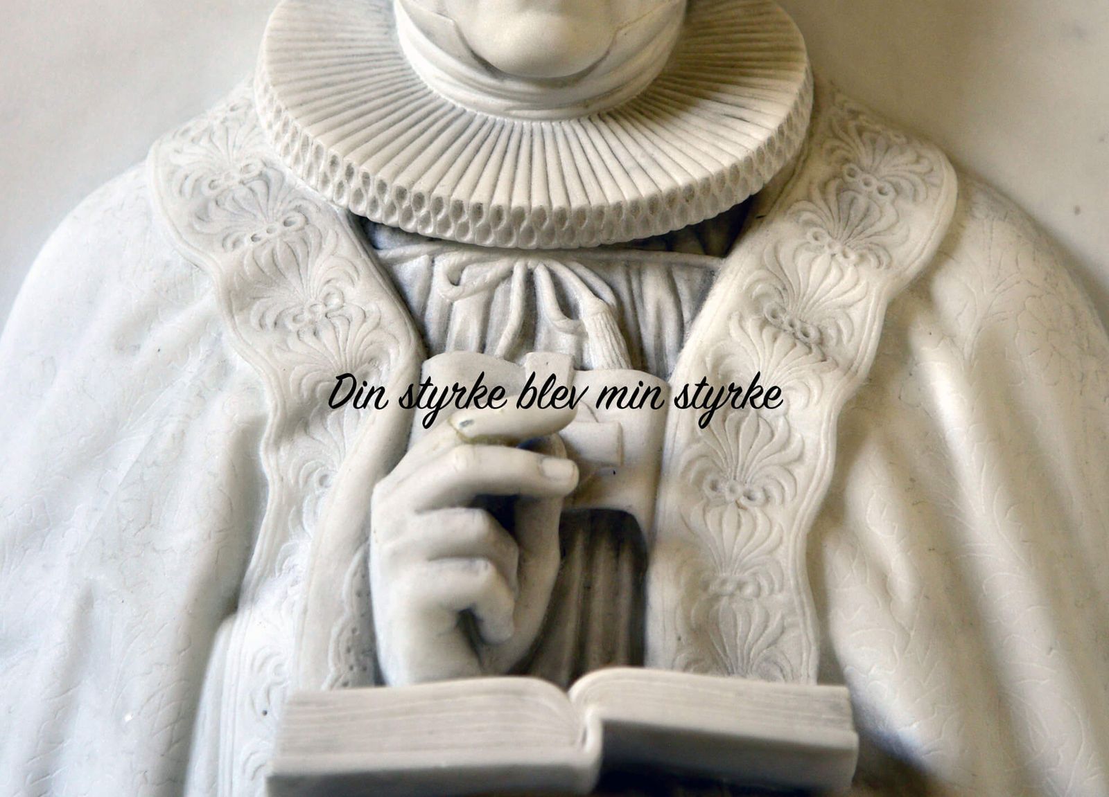 Art direction of marble sculpture for funeral catalogue featuring classical ruff collar and hand-held attribute