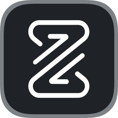 Interface design for Zenegy accounts app featuring stylized Z logotype on dark background
