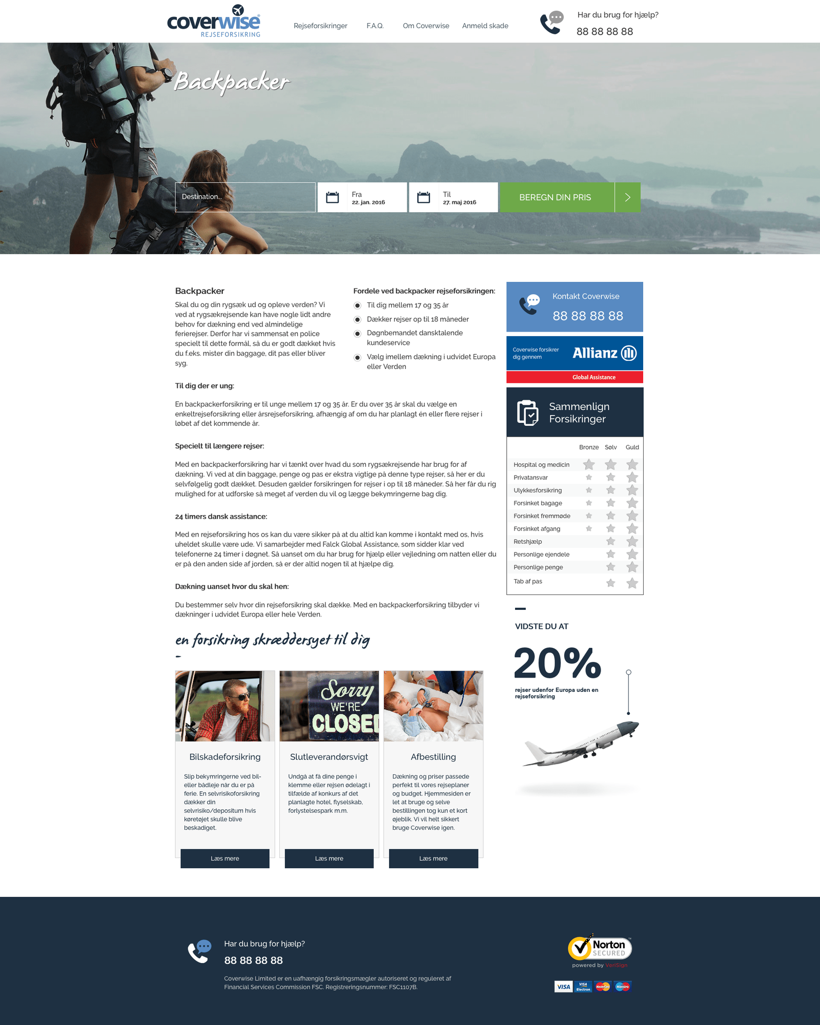 Service design mockup: travel insurance booking interface featuring destination field, date selection, and prominent conversion button