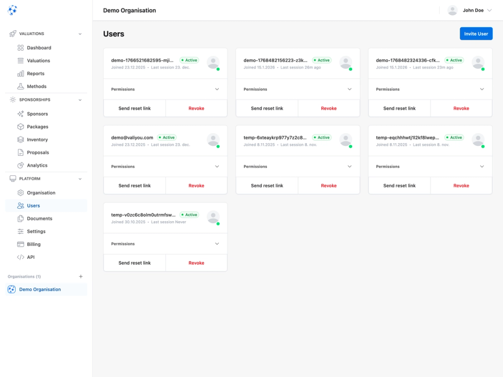 User management interface displaying active accounts with permission controls and account recovery options