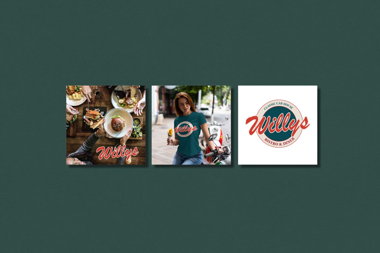 Art direction for Willys Bistro viser Instagram mockup med branded t-shirt og klassisk diner logo på grøn baggrund
