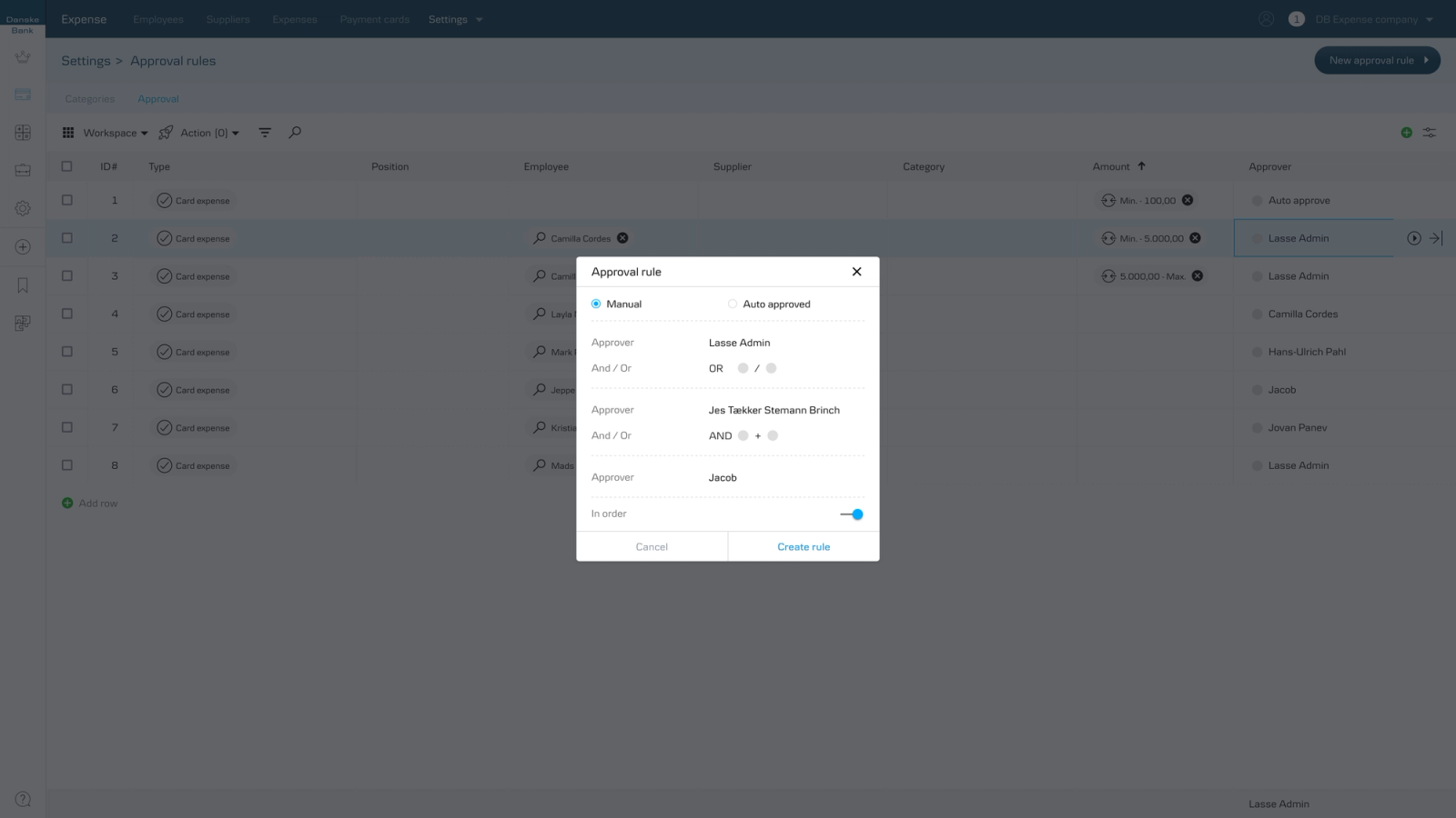 Expense management approval rules interface design