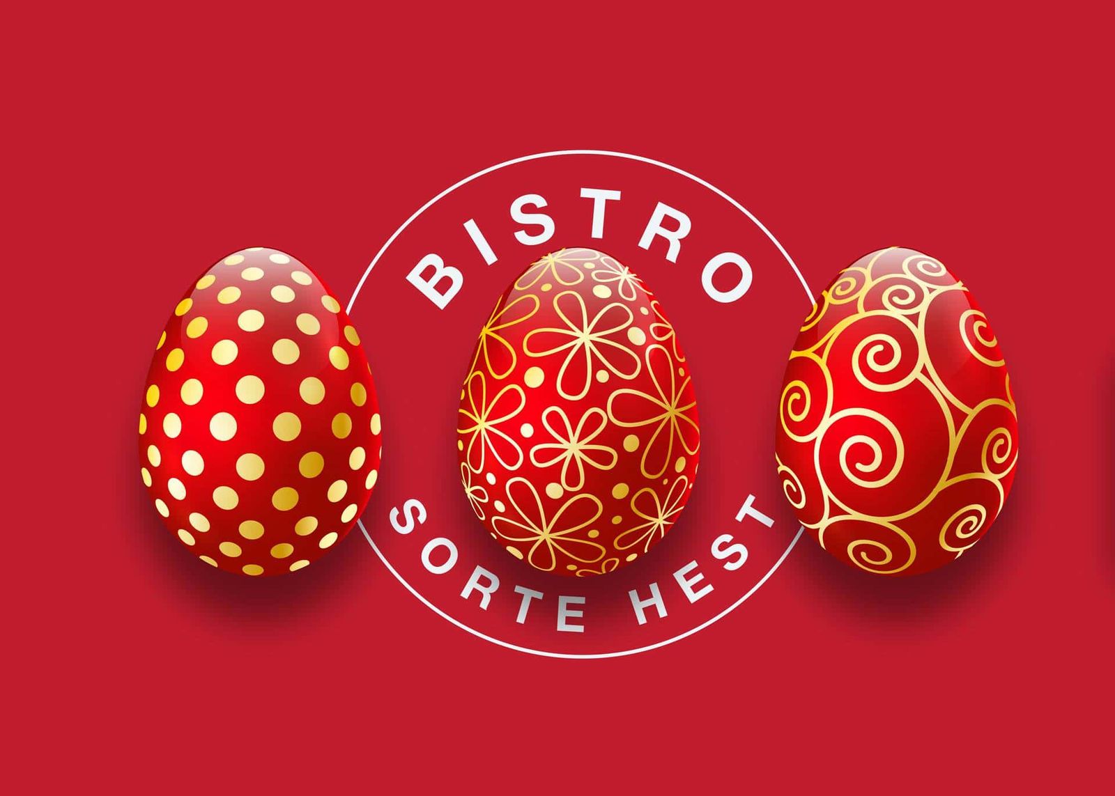 Social media-post med dekorativ påske-kampagne: tre røde æg med guldmotiver på rød baggrund og Bistro Sorte Hests cirkulære logo