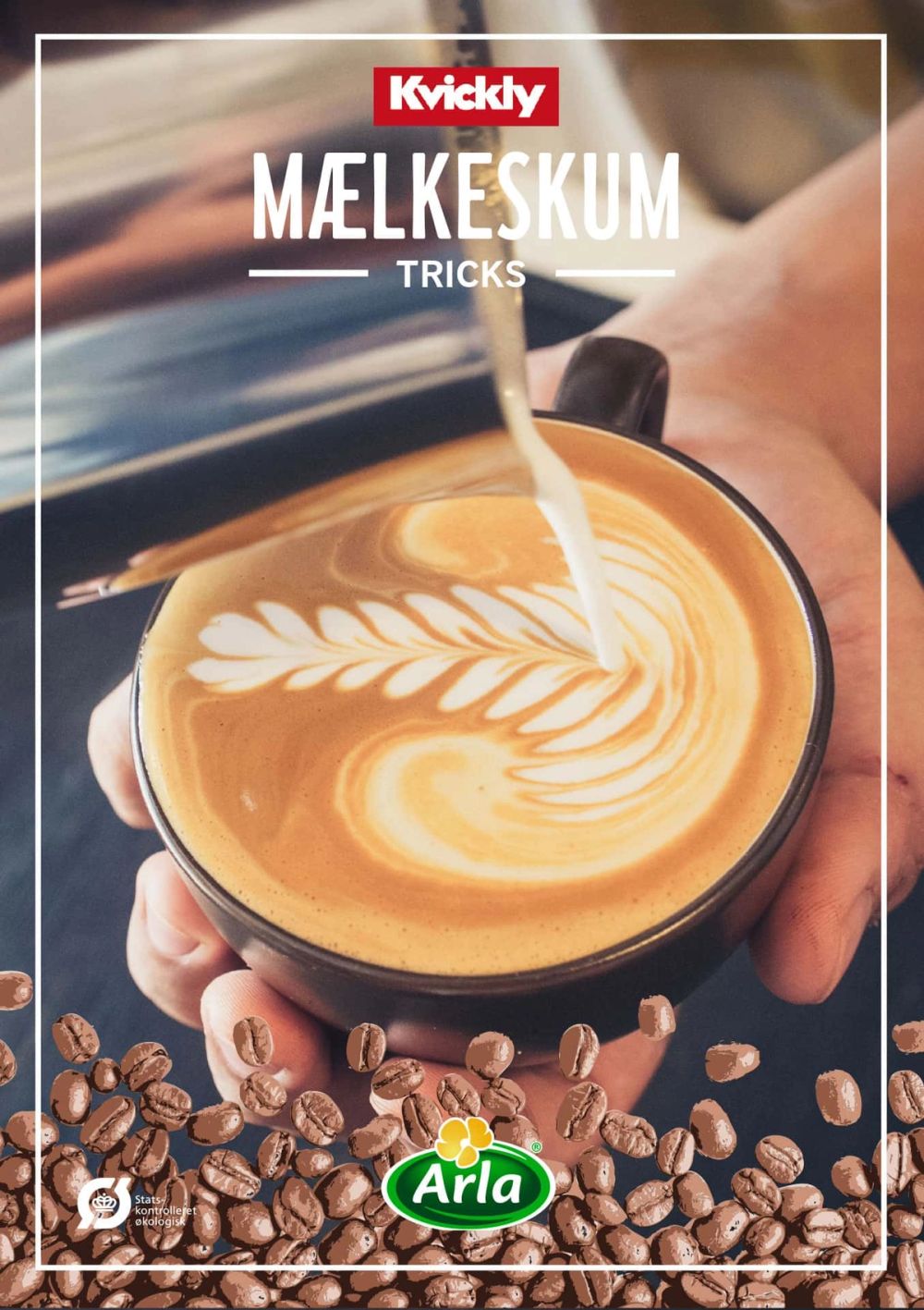 Art direction til mælkeskum-guide viser latte art tutorial med kaffebønner og Arla Mælk aktivering