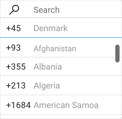 Interaction design showing country code selector dropdown on mobile input field interface