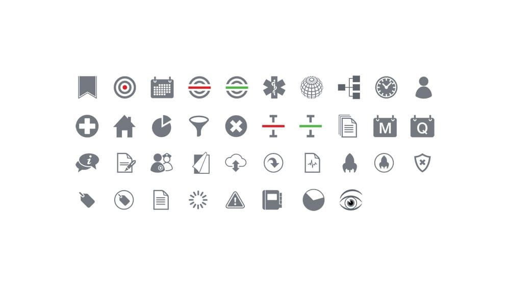 Icon set for pharmaceutical analytics platform featuring symbols for sales metrics and representative tracking