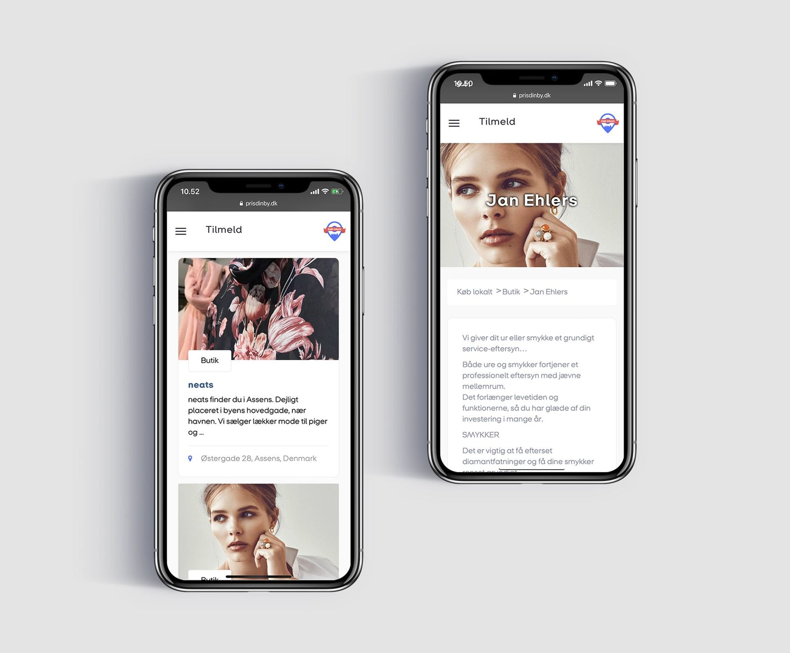 Produktdesign af lokalbutiks-portal med liste- og detaljvisning af butikker og tilbud til køb lokalt