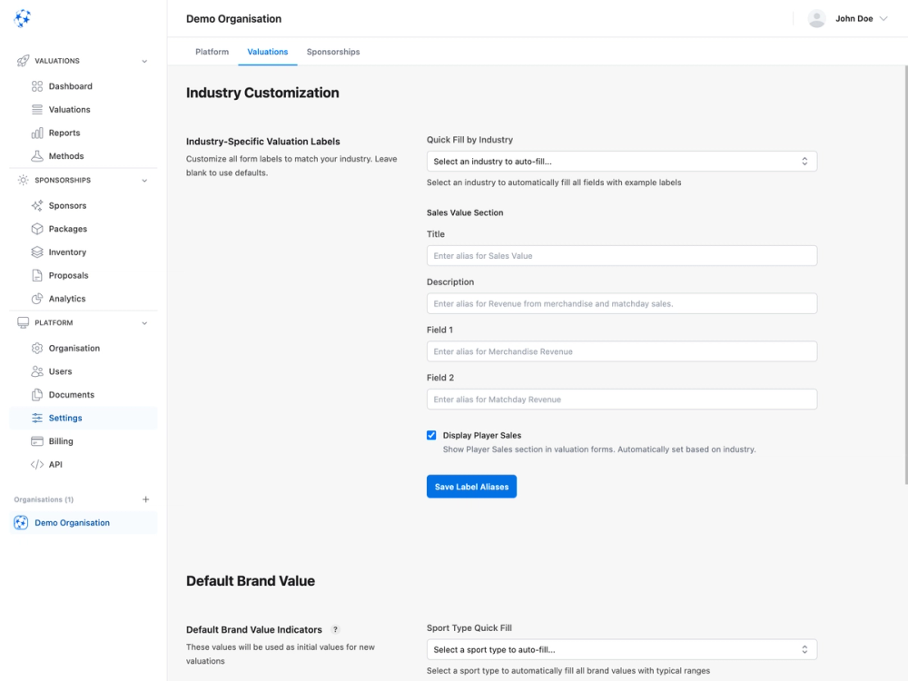 Form interface for industry-specific valuation labels and sales value configuration settings