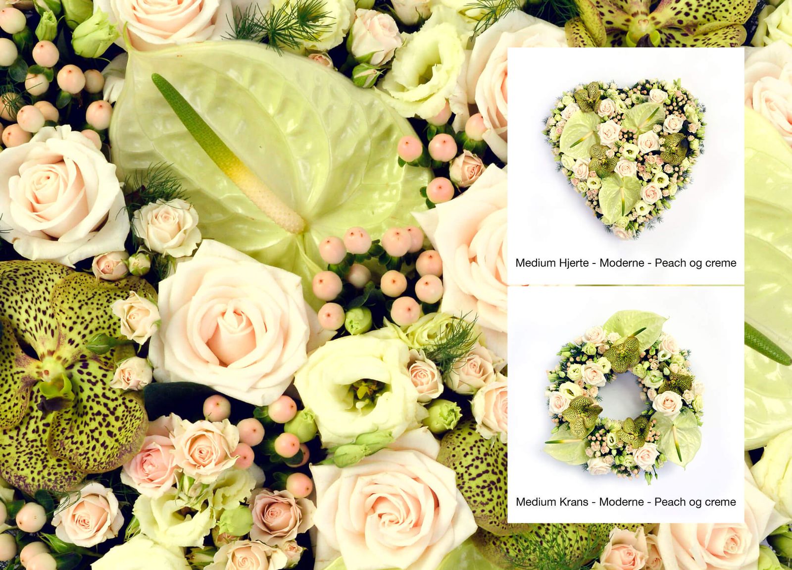 Graphic direction and layout design of funeral floral arrangements featuring orchids, roses and berries in green and peach tones
