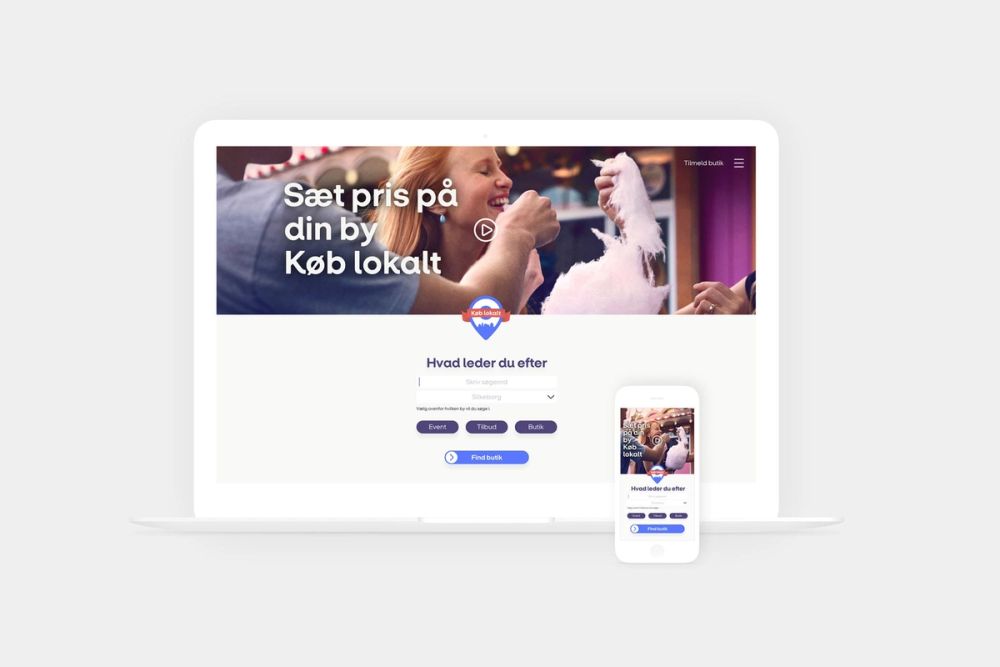 UX-design af køb lokalt-portal med søgefunktion for events, tilbud og butikker i din by