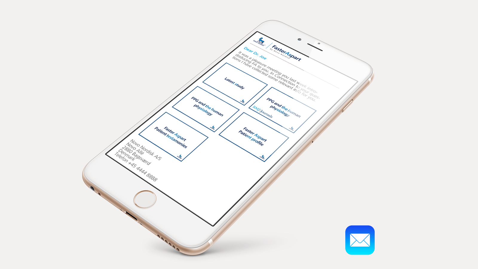 Email template for insulin product launch featuring navigation cards for eLearning, laboratory resources and patient profiles