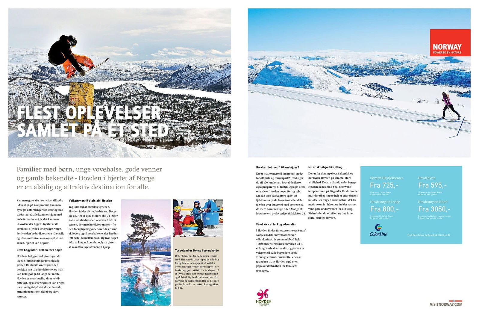 Kampagnebillede med skiløber i action over snøklædt fjeldlandskab til Visit Norways vinterkampagne