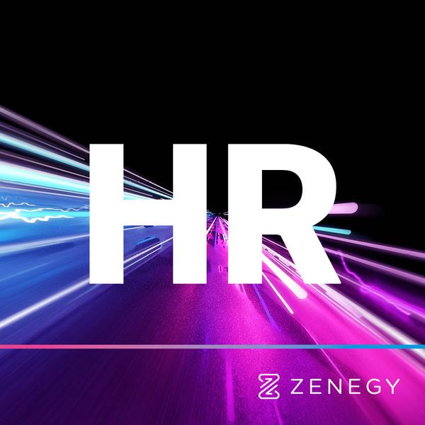 Marketing visual featuring H R logo with neon blue and magenta light streaks on black background
