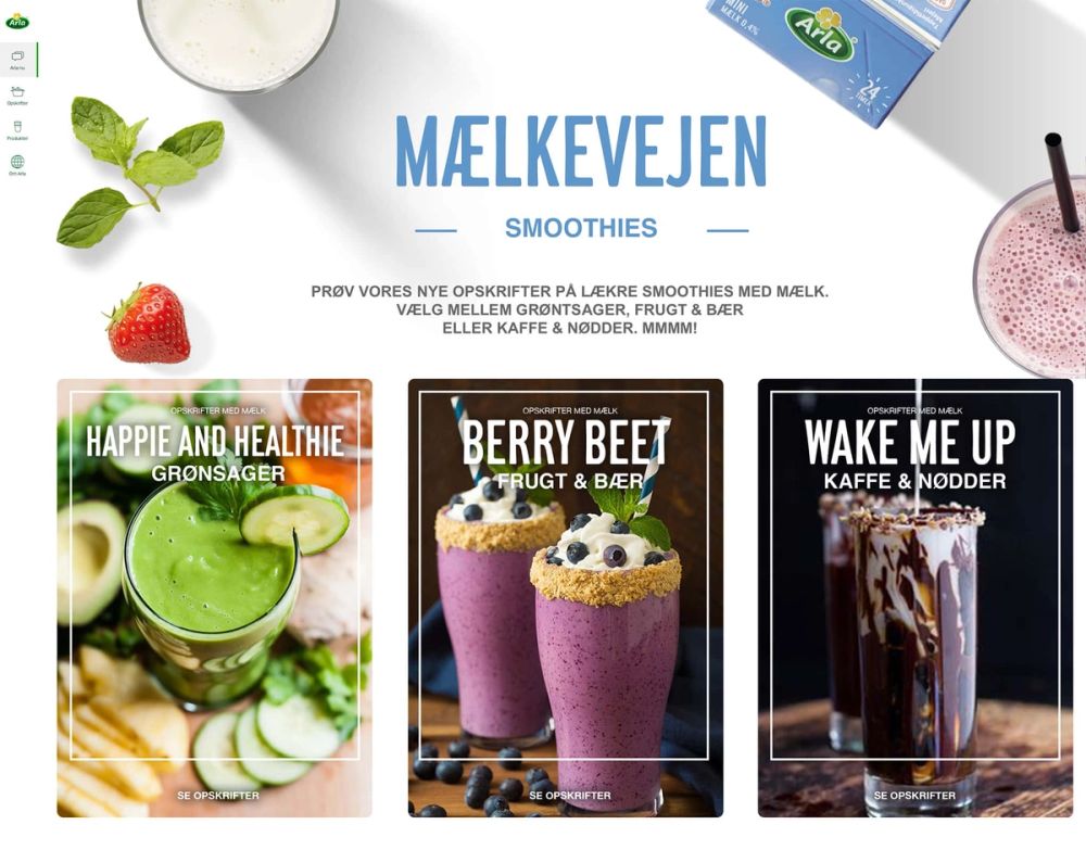 Web design concept med tre smoothie-kort i lys og mørk tilstand til Arla Mælks aktivering