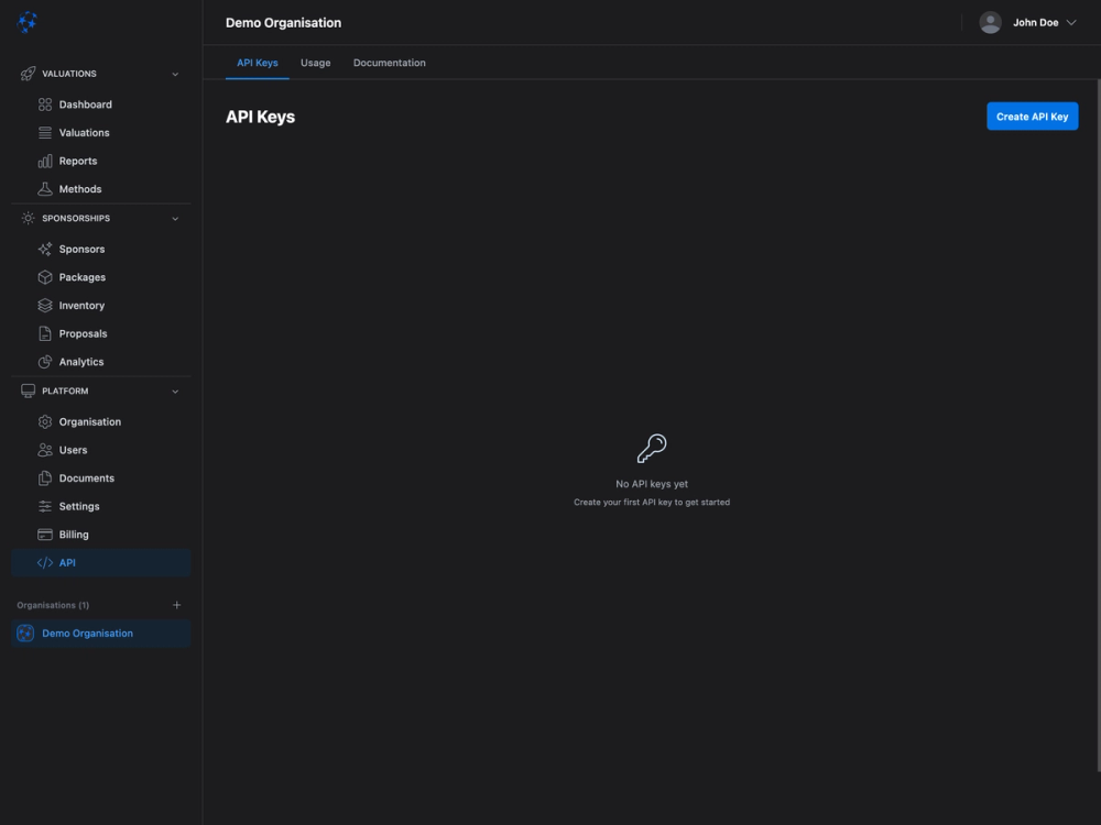 API keys — dark mode