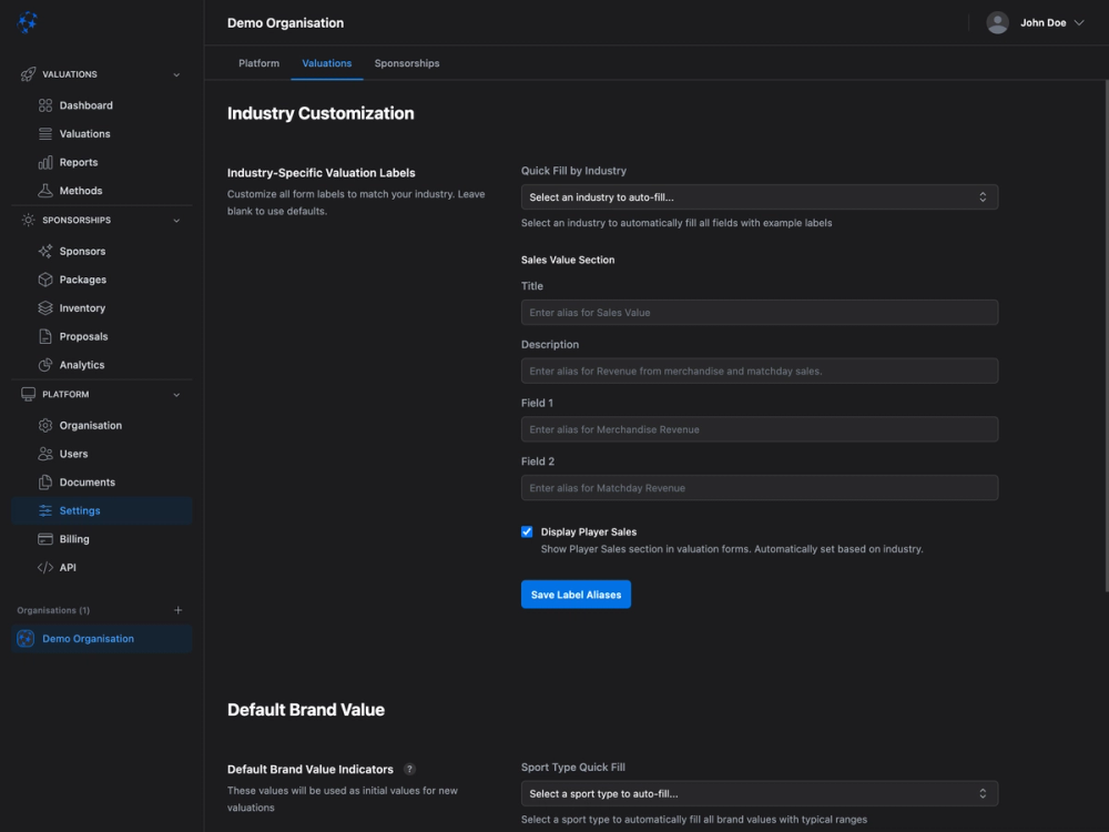 Form interface for industry-specific valuation labels, sales value sections and auto-fill functionality based on sport type