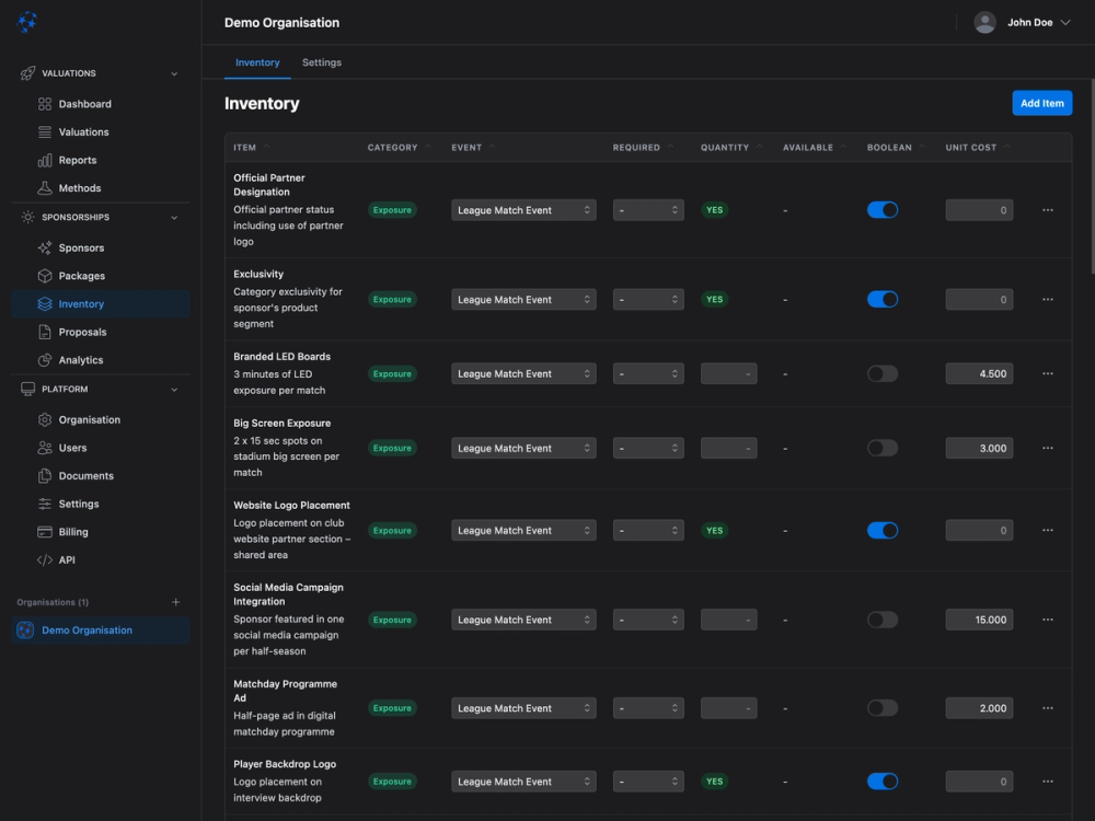 Interaction design for sponsorship management showing inventory interface with exposure types, events and measurable metrics