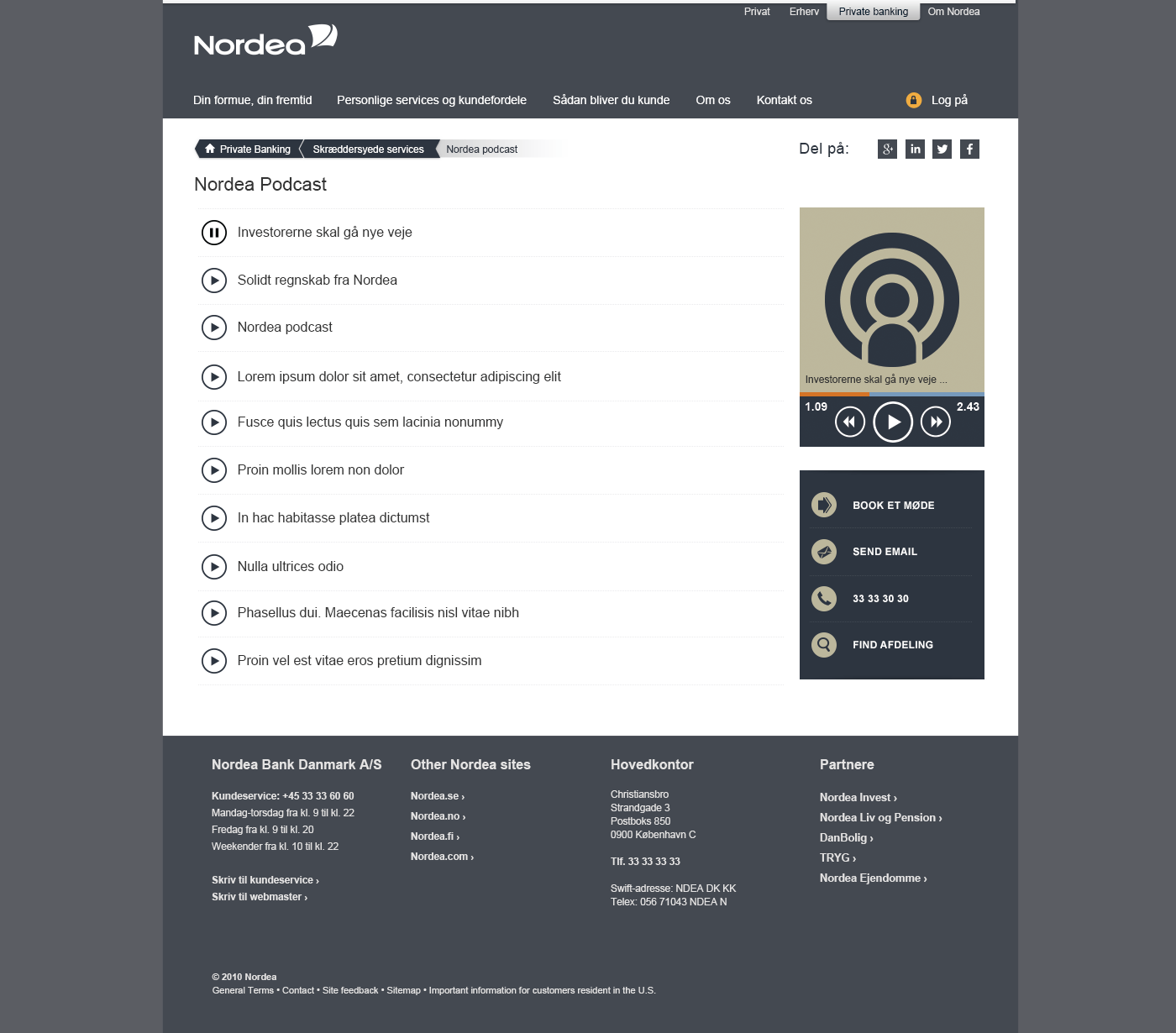 Podcast-afspiller interface med kontrolelementer, tidslinje og play/pause-funktioner til Nordea Private Banking
