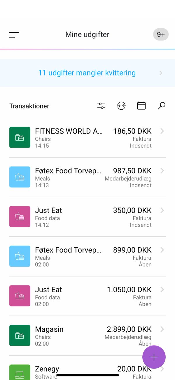 Product interface viser transaktionsoversigt med kategoriseret udgiftsstyring og betalingsstatus