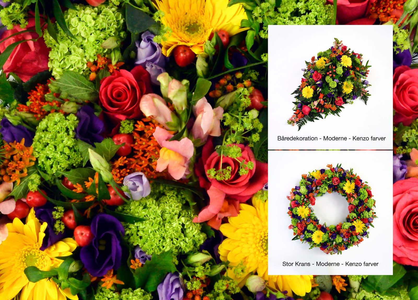Catalog design showcasing vibrant funeral flower arrangements and wreaths in elegant presentation