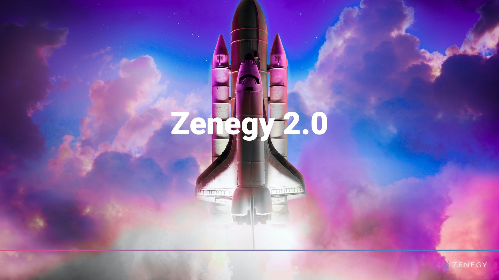 Presentation template featuring rocket launch imagery in magenta and blue tones for Zenegy 2.0