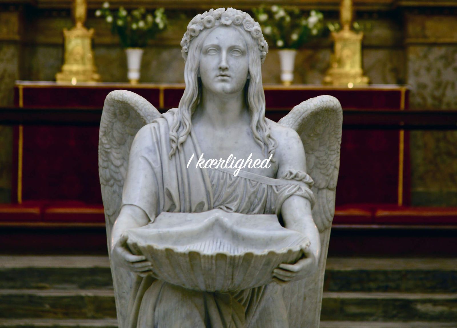 Editorial design of marble angel statue with floral vessel for funeral catalogue